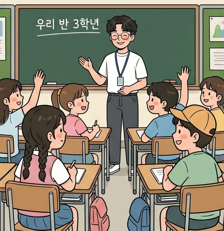 교실에서 손을 들고 발표하는 우리 반 그림