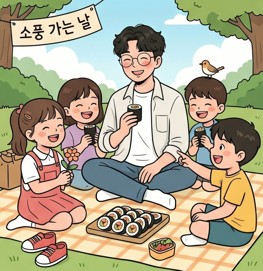소풍 가는 날 돗자리에서 김밥을 먹는 우리 반 그림
