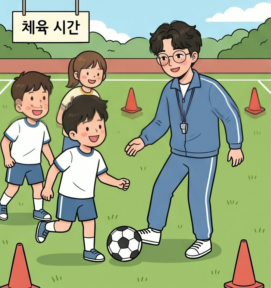 체육 시간에 공을 차는 아이들과 선생님 그림