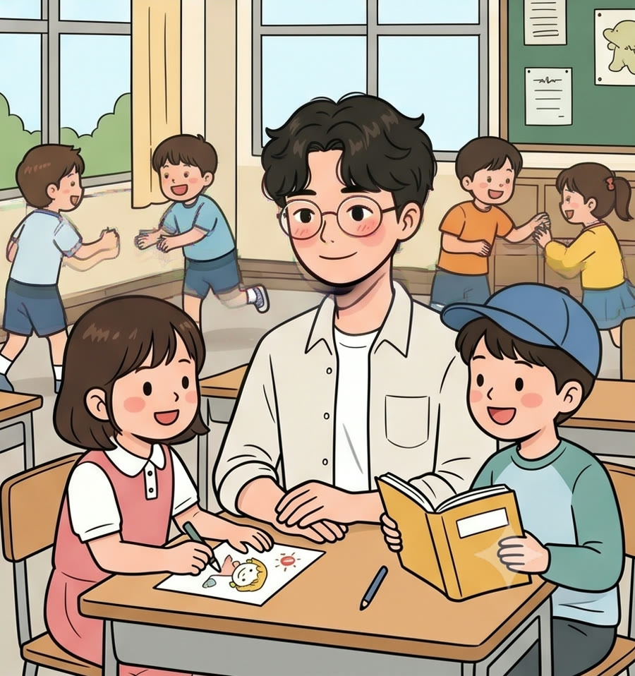 교실에서 그림을 그리고 책을 읽는 아이들 곁의 선생님 그림